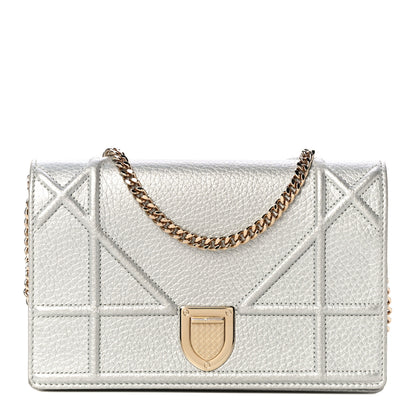 Christian Dior Metallic Grained Calfskin Diorama Wallet on Chain Pouch Silver 1 of 10
