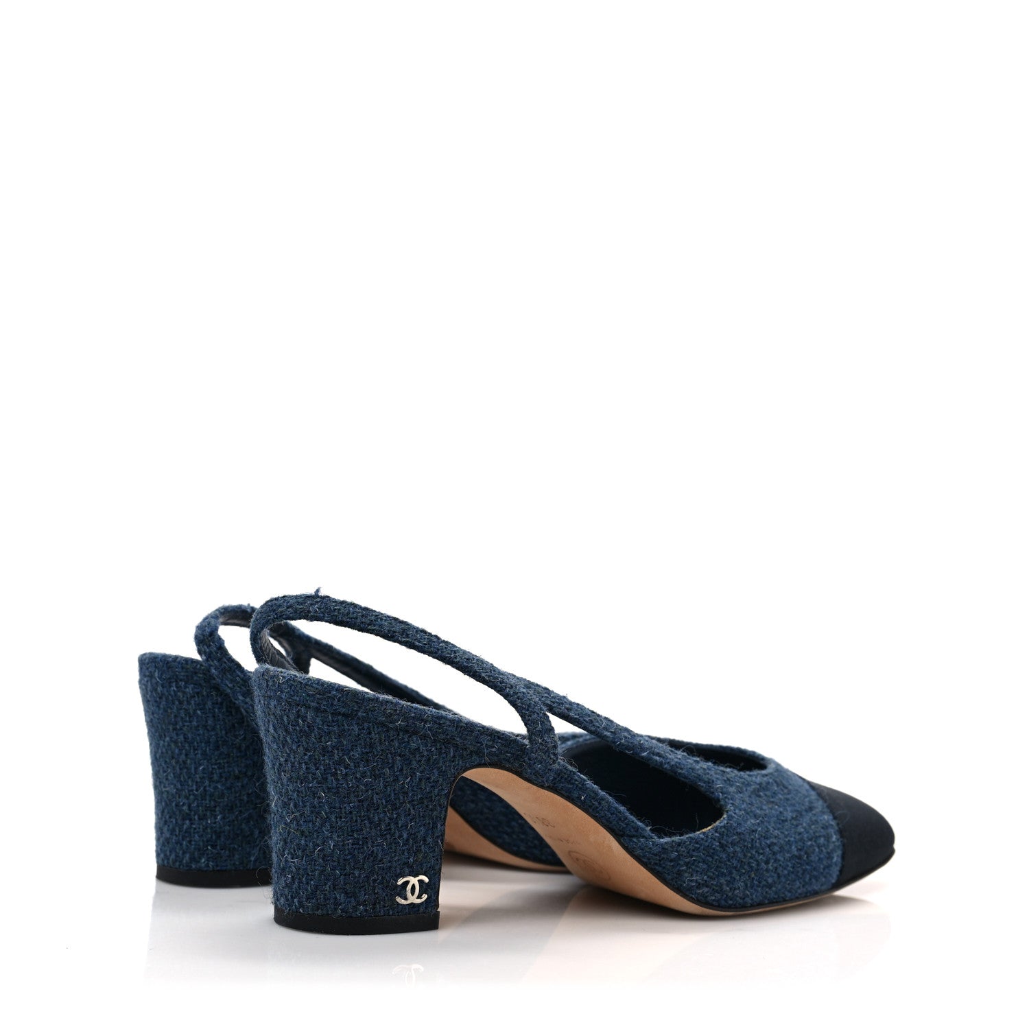 Chanel Tweed Grosgrain Cap Toe CC Slingback Pumps 38.5 Blue Black 4 of 7