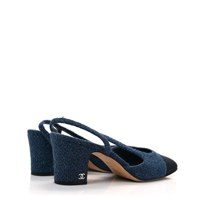 Chanel Tweed Grosgrain Cap Toe CC Slingback Pumps 38.5 Blue Black 4 of 7