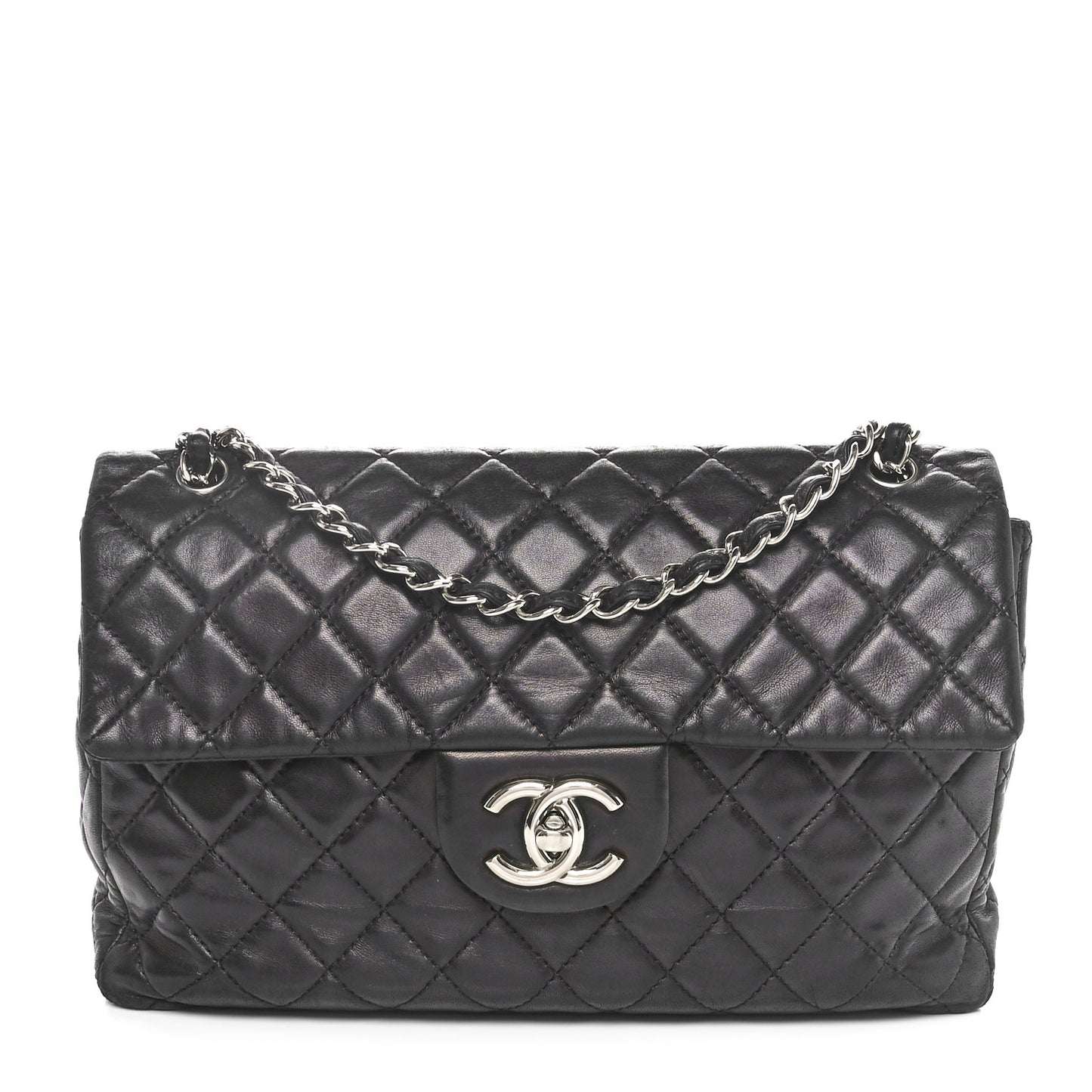 Washed Lambskin Quilted Maxi Single Flap Black