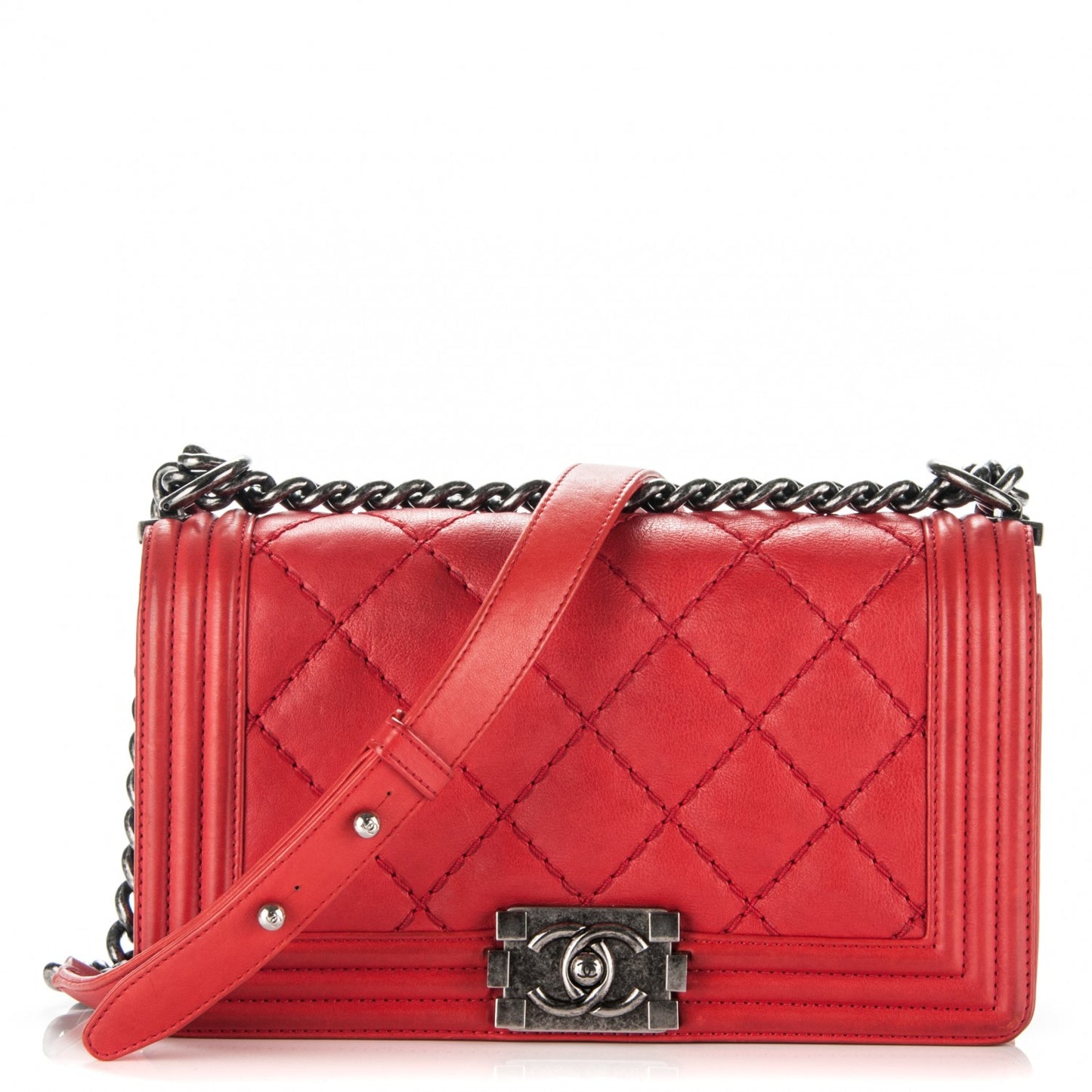 Calfskin Quilted Double Stitch Medium Boy Flap Red
