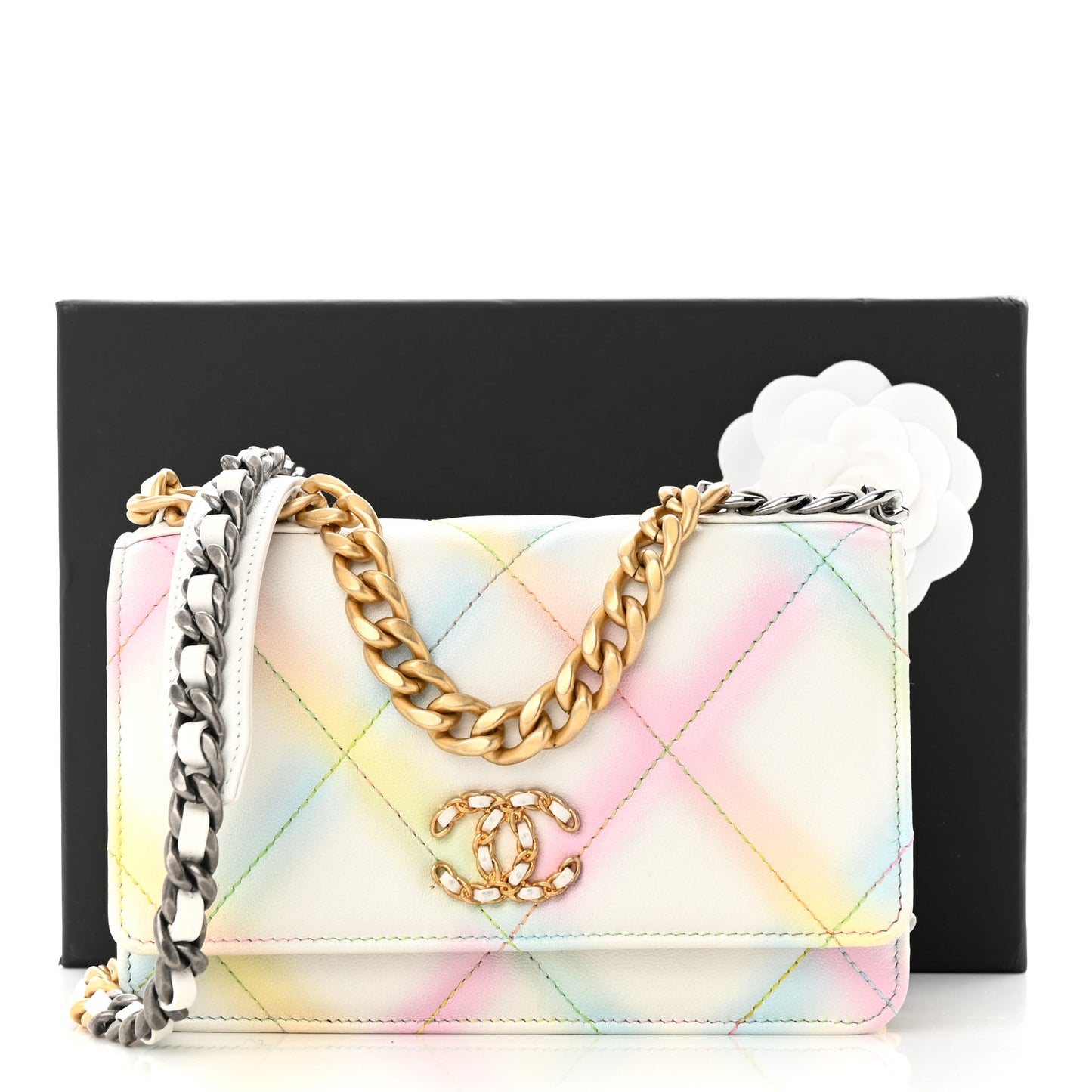 Printed Goatskin Quilted Chanel 19 Wallet On Chain WOC White Multicolor