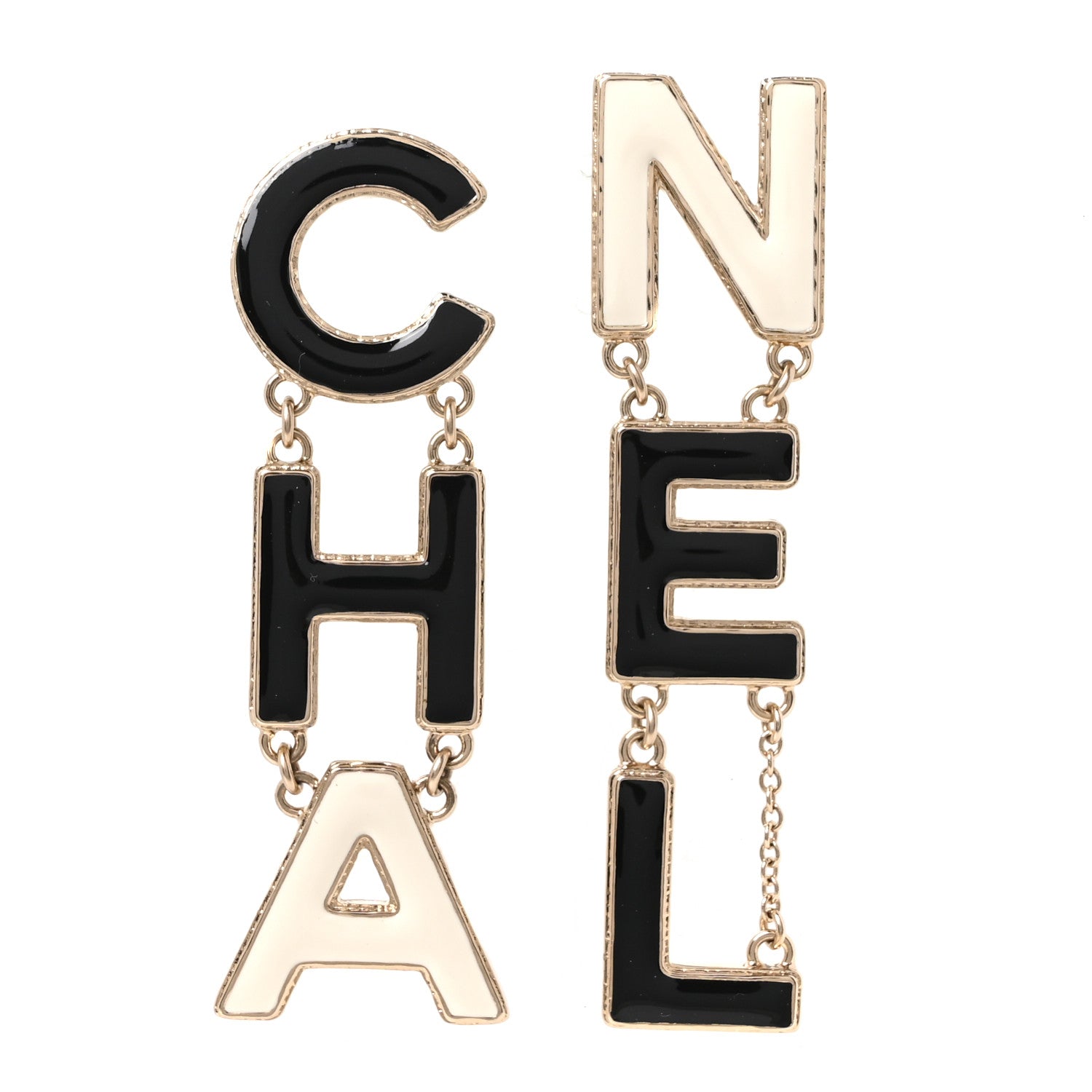 Chanel Metal Enamel Cha-Nel Logo Drop Earrings Black White 1 of 5