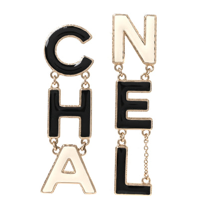 Chanel Metal Enamel Cha-Nel Logo Drop Earrings Black White 1 of 5
