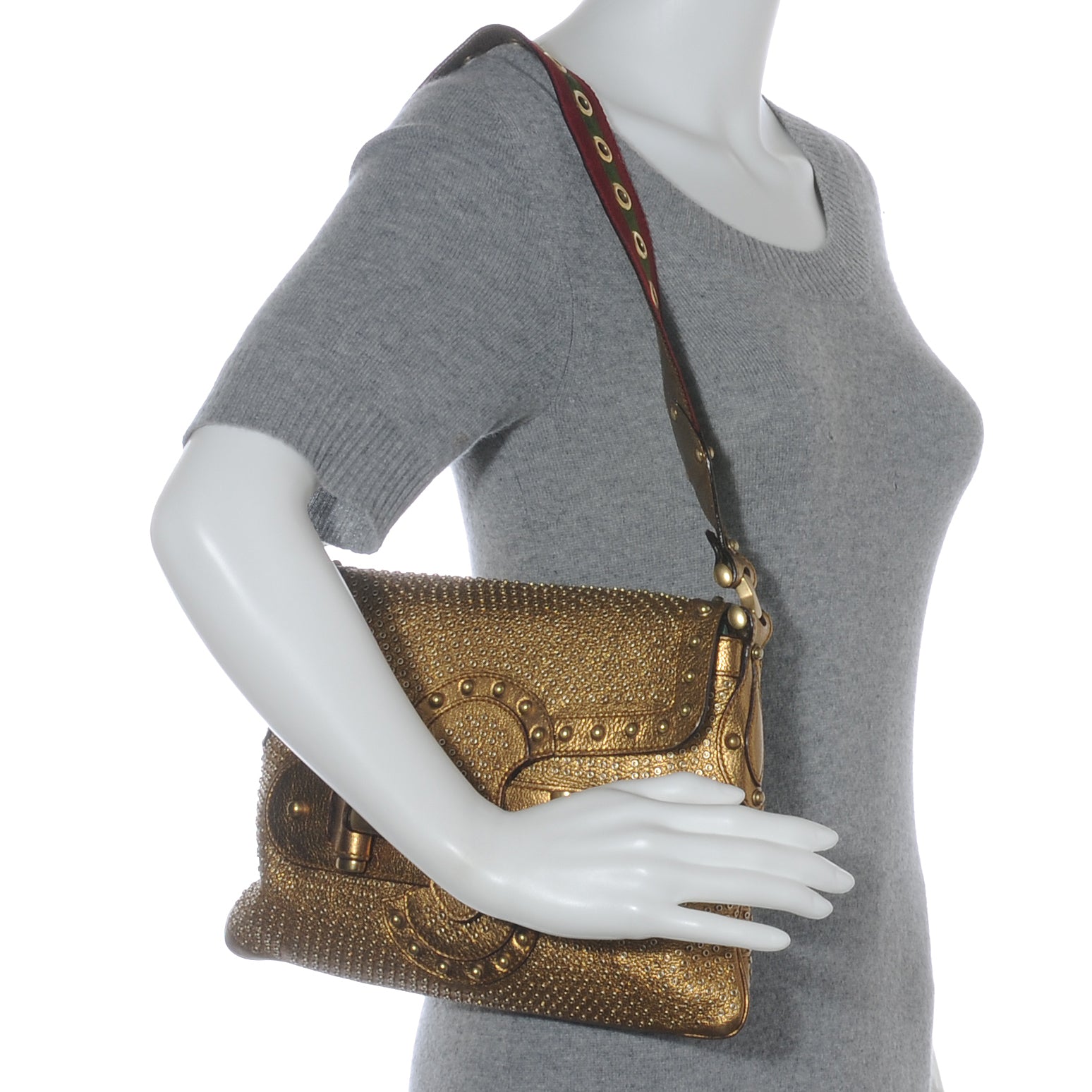 Gucci Leather Studded Pelham Flap Bag Gold 2 of 7