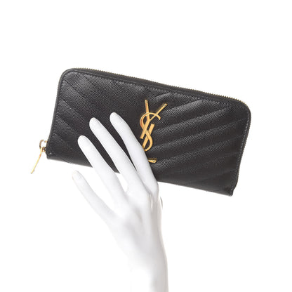 Saint Laurent Grain De Poudre Matelasse Chevron Monogram Zip Around Wallet Black 2 of 8