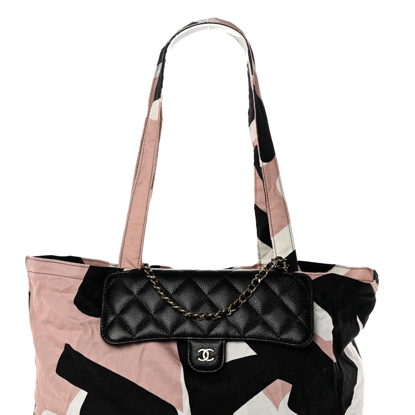 Jersey Fabric Quilted Foldable Tote With Chain Black Multicolor