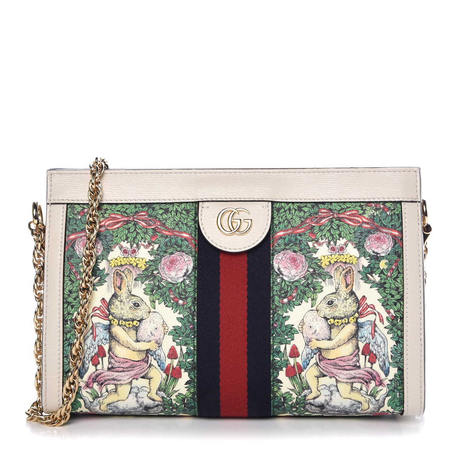 X YUKO HIGUCHI Canvas Calfskin GG Web Yuko Higuchi Print Small Ophidia Chain Shoulder Bag White