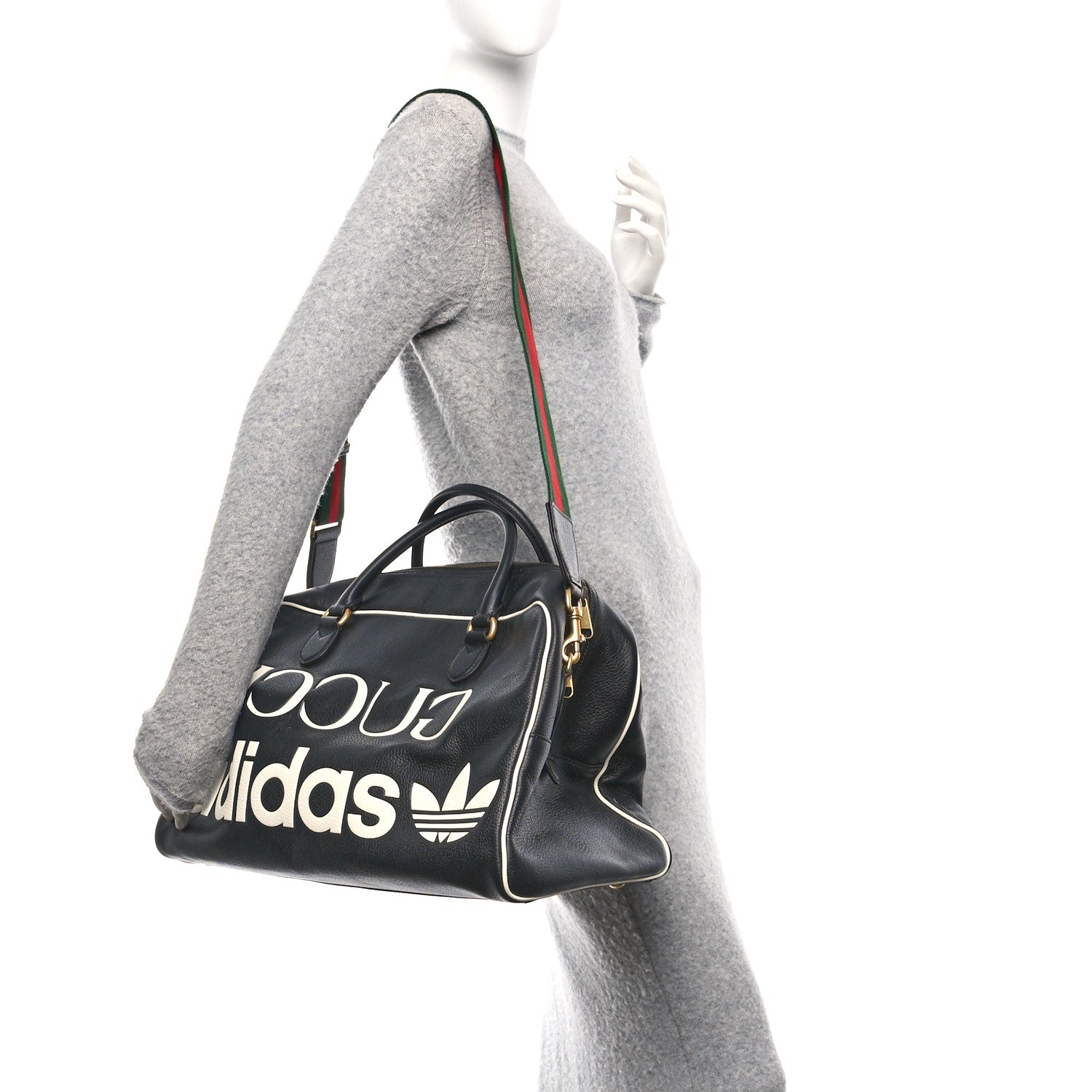 Gucci X ADIDAS Textured Dollar Calfskin Web Trefoil Large Bowling Bag Black Off White 2 of 10