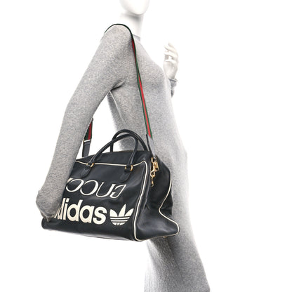Gucci X ADIDAS Textured Dollar Calfskin Web Trefoil Large Bowling Bag Black Off White 2 of 10