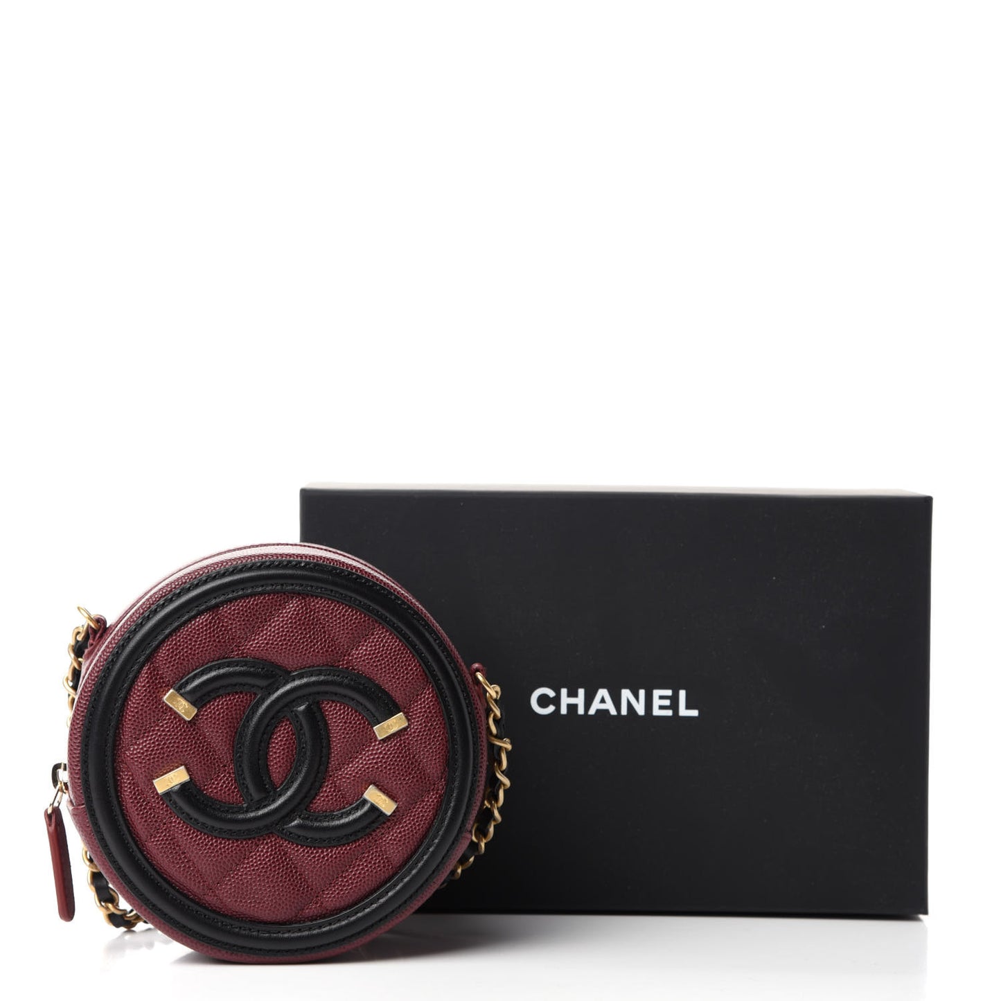 Caviar Quilted Round Filigree Crossbody Burgundy Black
