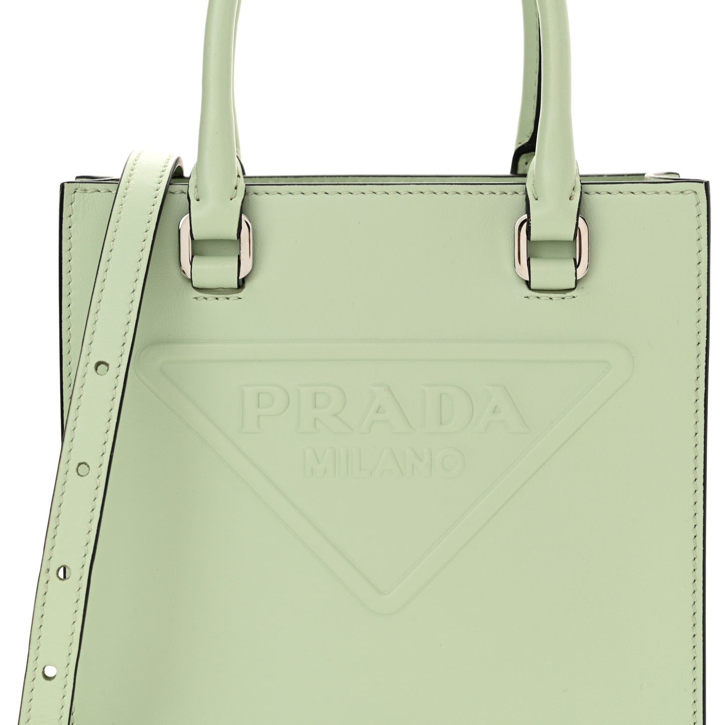 Soft Calfskin Triangle Logo Embossed Small Double Handle Crossbody Tote Acquamarina