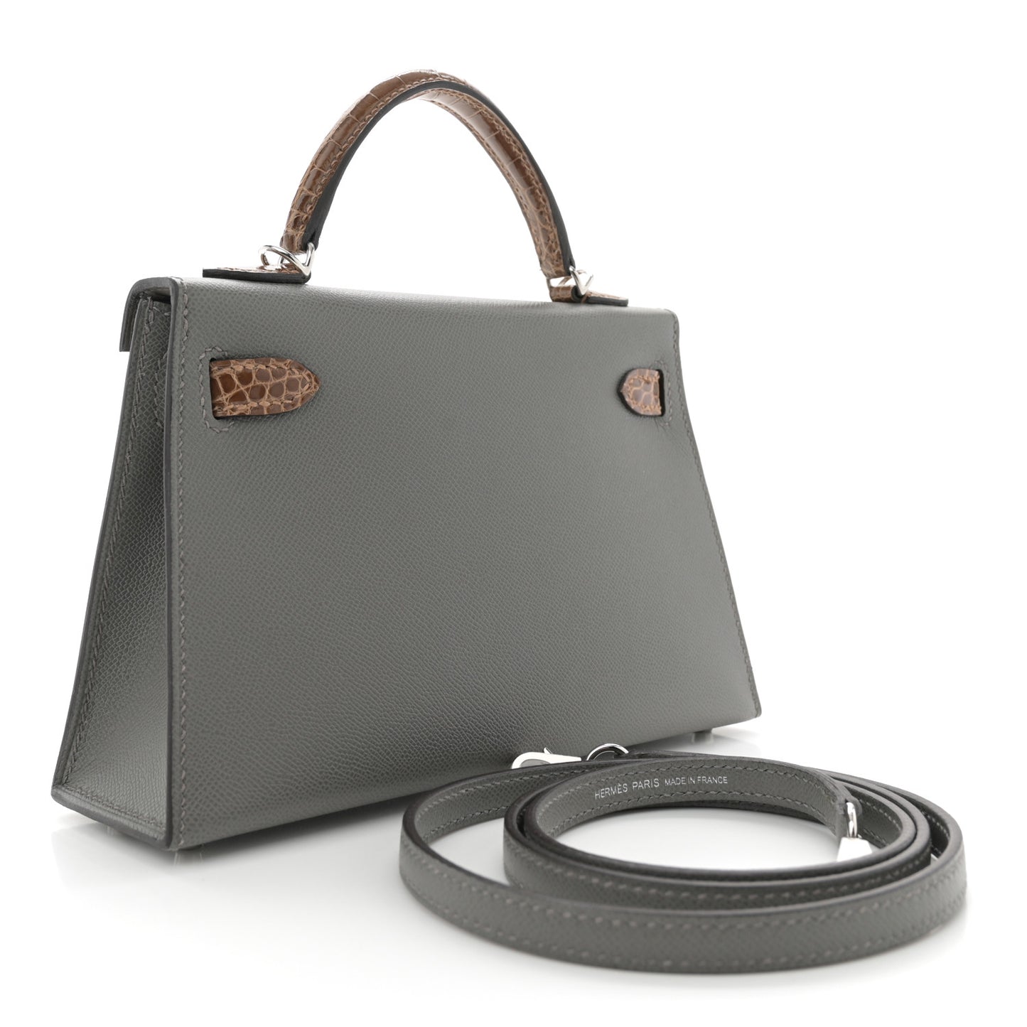 Madame Calfskin Shiny Alligator Mini Kelly Sellier Touch 20 Gris Meyer Ficelle