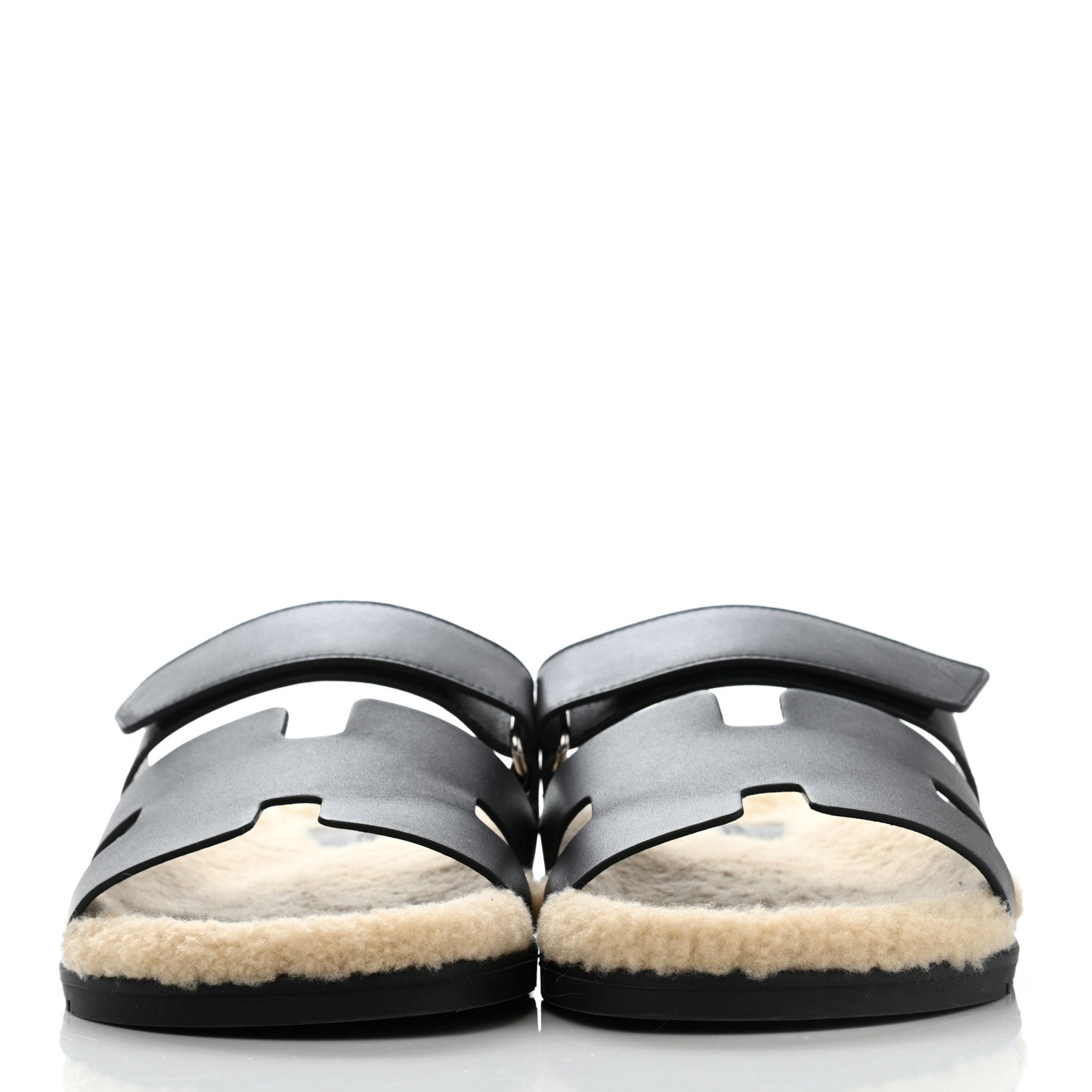 Hermes Veau Indios Woolskin Mens Chypre Sandals 42 Black Ecru 2 of 9