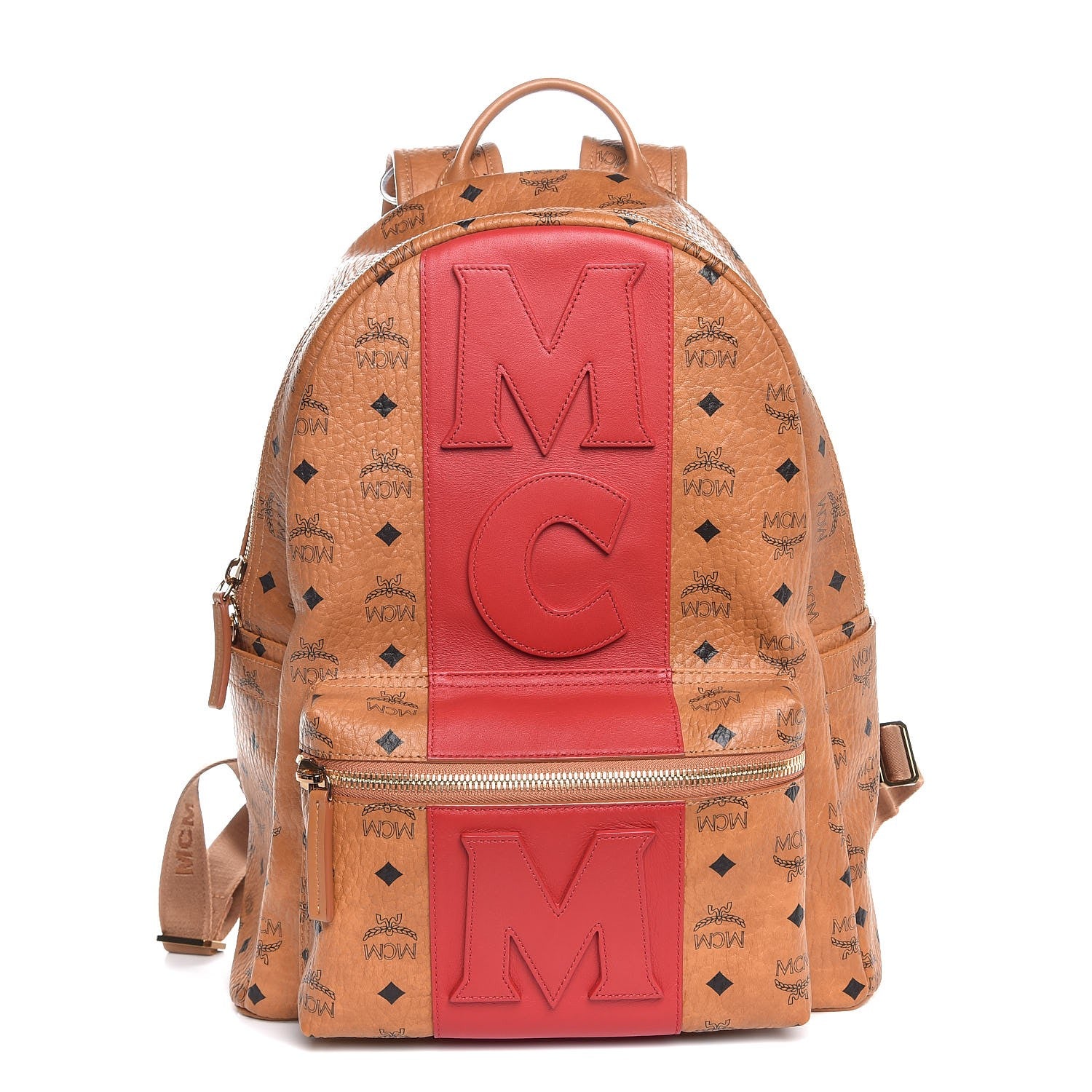 MCM Visetos Medium Stark Logo Stripe Backpack Cognac Red 1 of 8