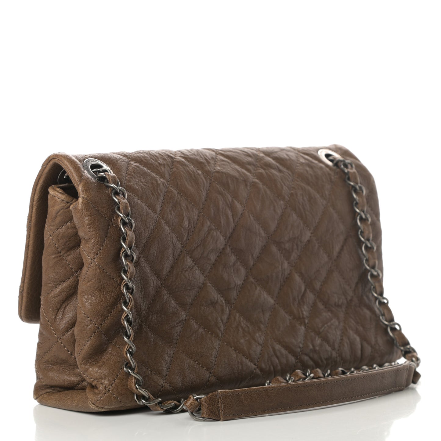 Crumpled Lambskin Quilted Medium Single Flap Khaki