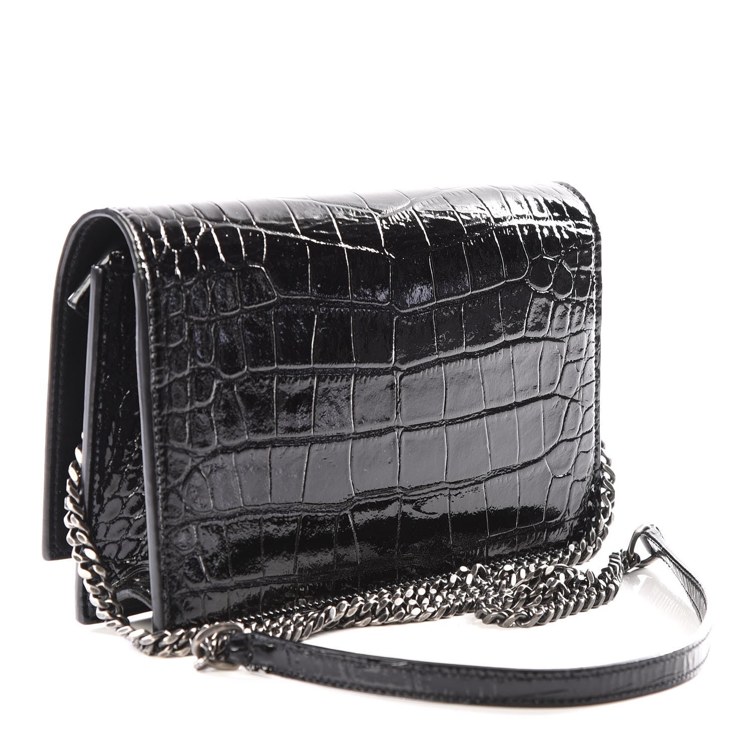 Saint Laurent Calfskin Crocodile Embossed Kate Monogram Tassel Chain Wallet Black 2 of 10