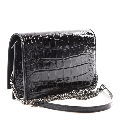 Saint Laurent Calfskin Crocodile Embossed Kate Monogram Tassel Chain Wallet Black 2 of 10