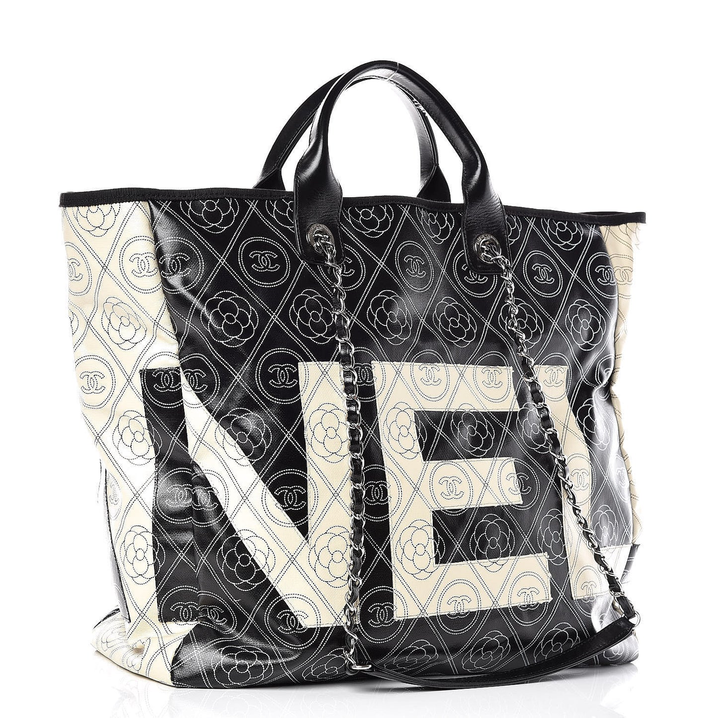 Coated Canvas Camellia Medium Shopping Tote Black Beige