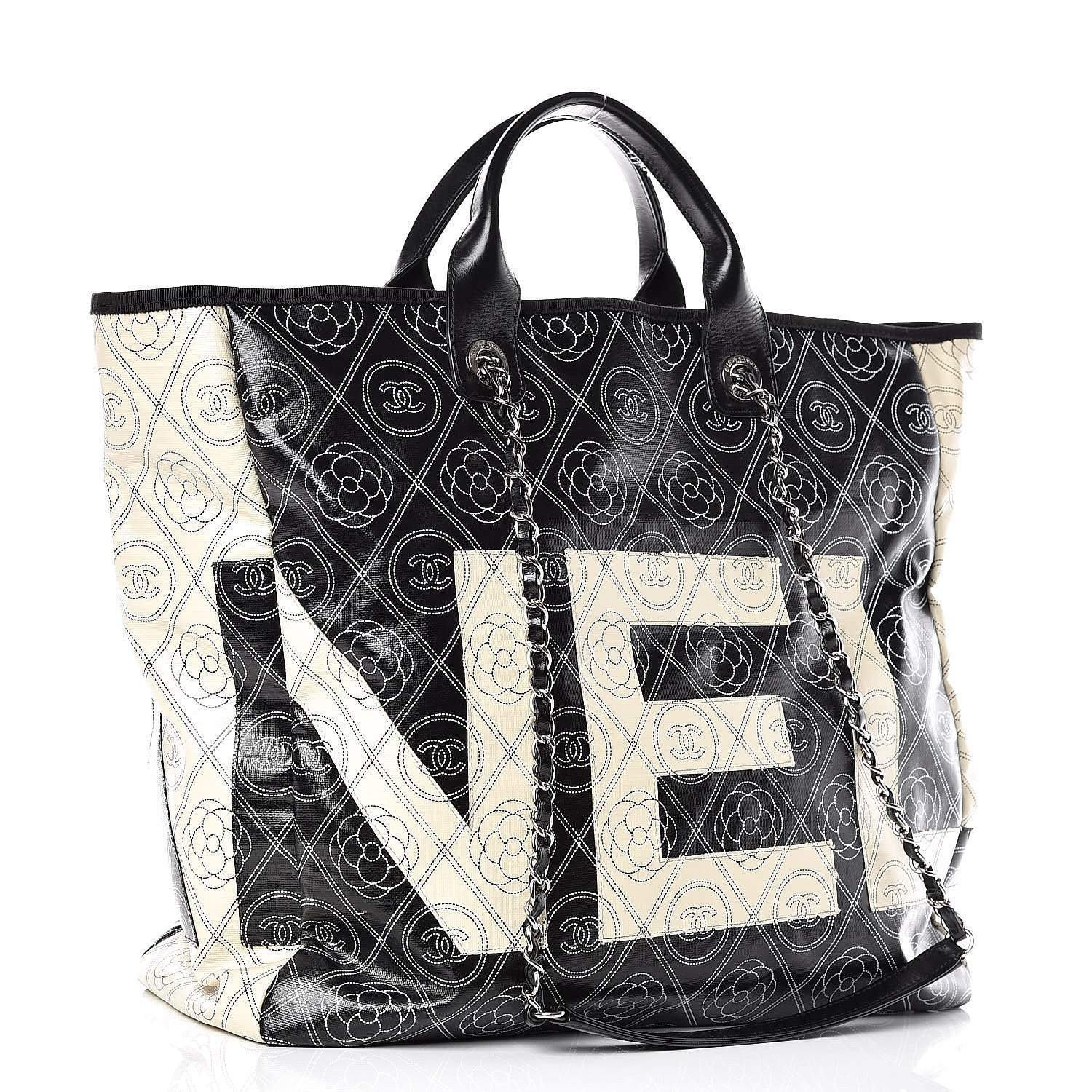 Chanel Coated Canvas Camellia Medium Shopping Tote Black Beige 4 of 10