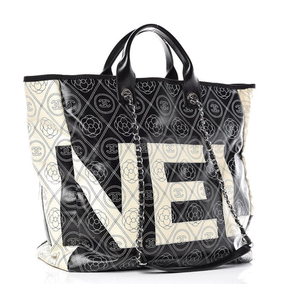 Chanel Coated Canvas Camellia Medium Shopping Tote Black Beige 4 of 10