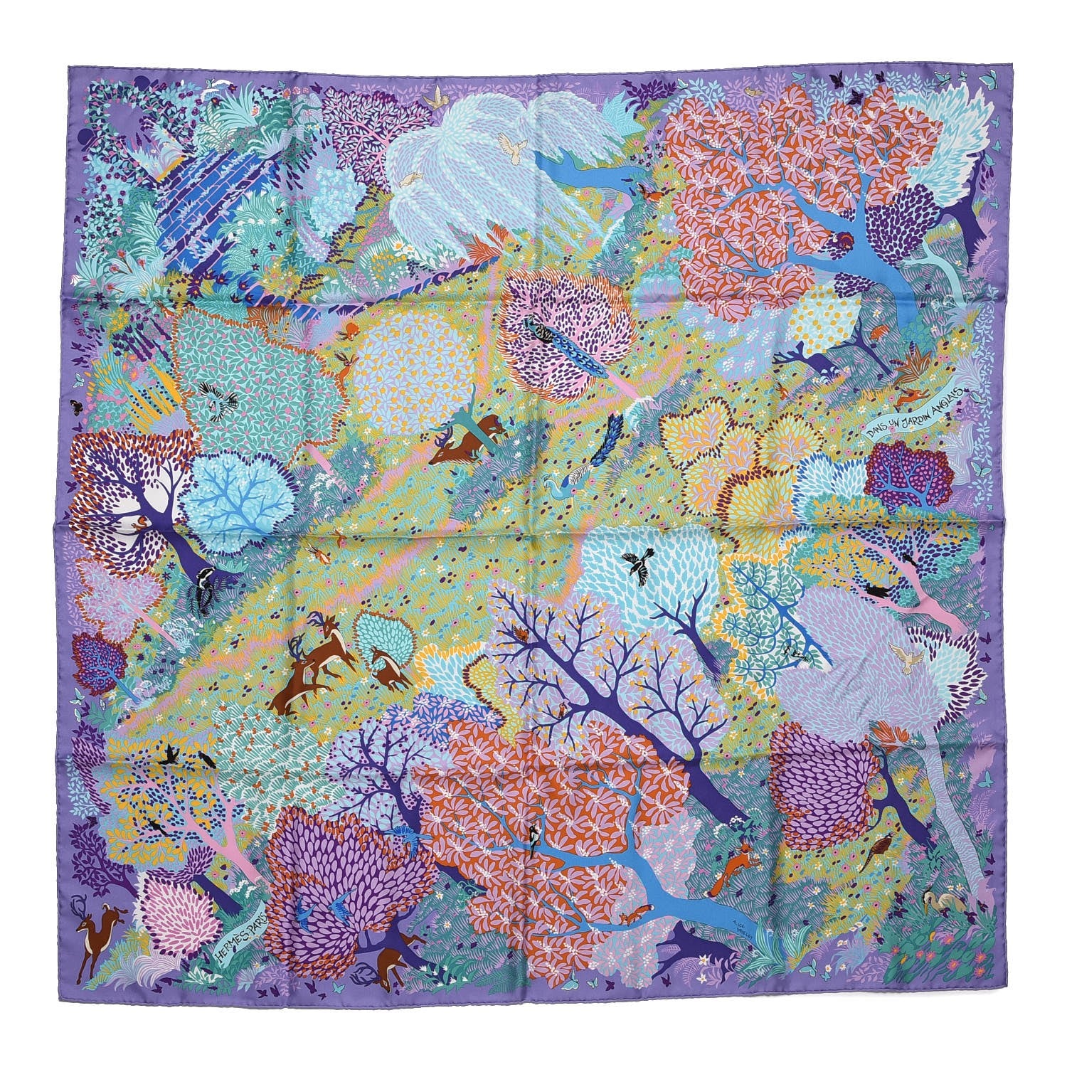 Hermes Silk Dans Un Jardin Anglais Scarf 90 Lilac Aqua Bleu 1 of 6