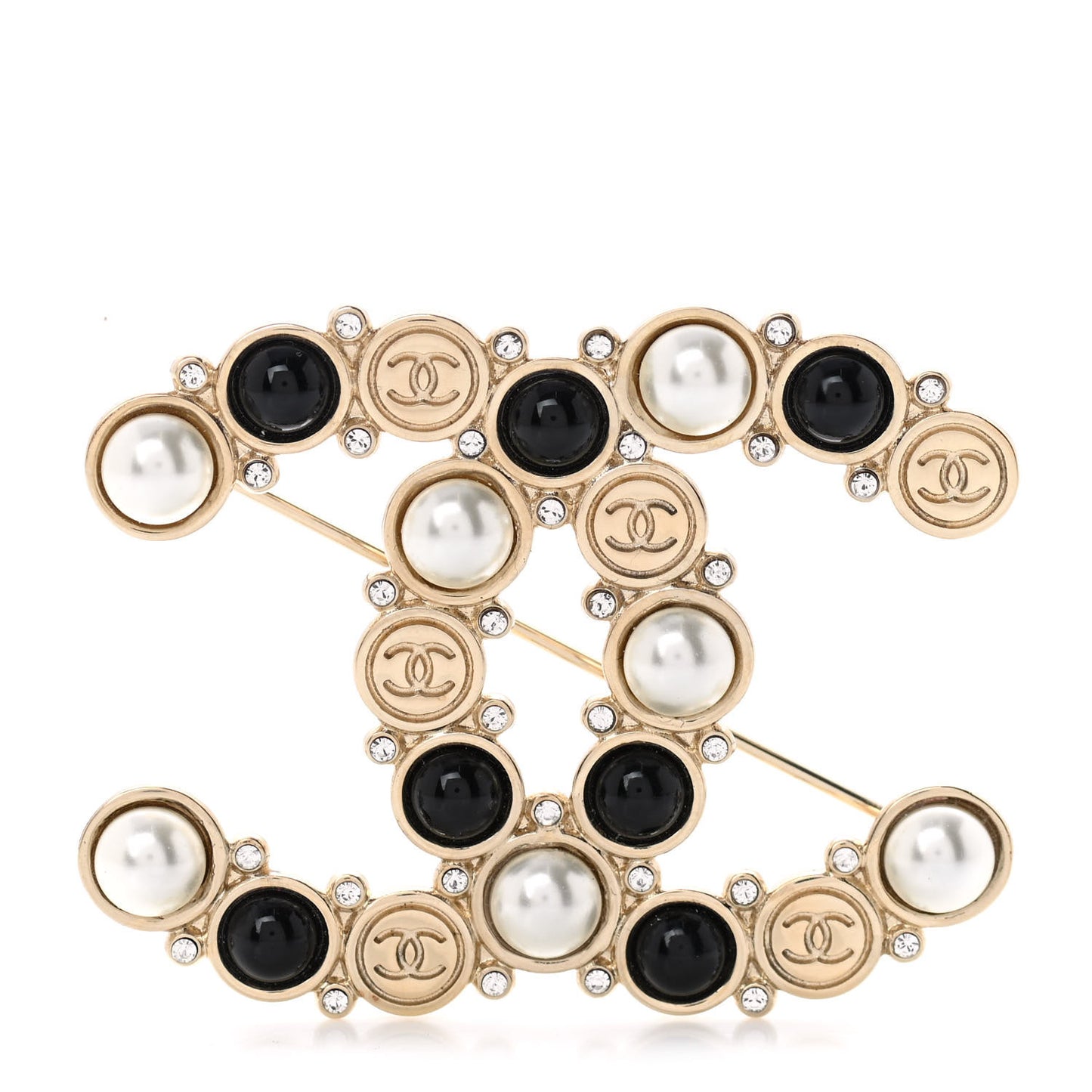 Crystal Pearl Metal Resin Polka Dot CC Brooch Black Gold