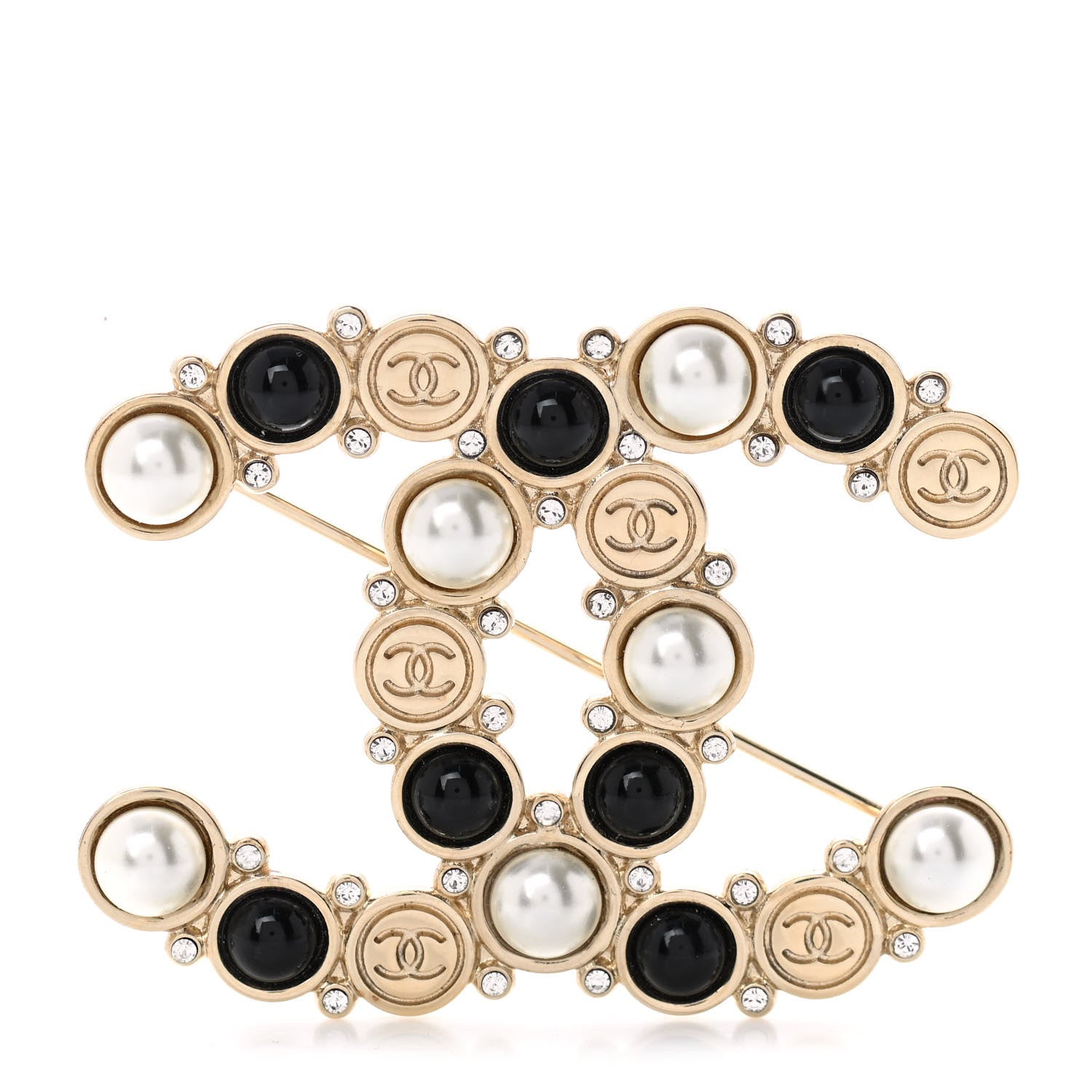 Chanel Crystal Pearl Metal Resin Polka Dot CC Brooch Black Gold 1 of 5