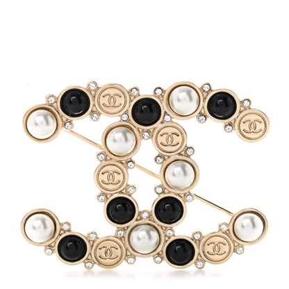 Chanel Crystal Pearl Metal Resin Polka Dot CC Brooch Black Gold 1 of 5