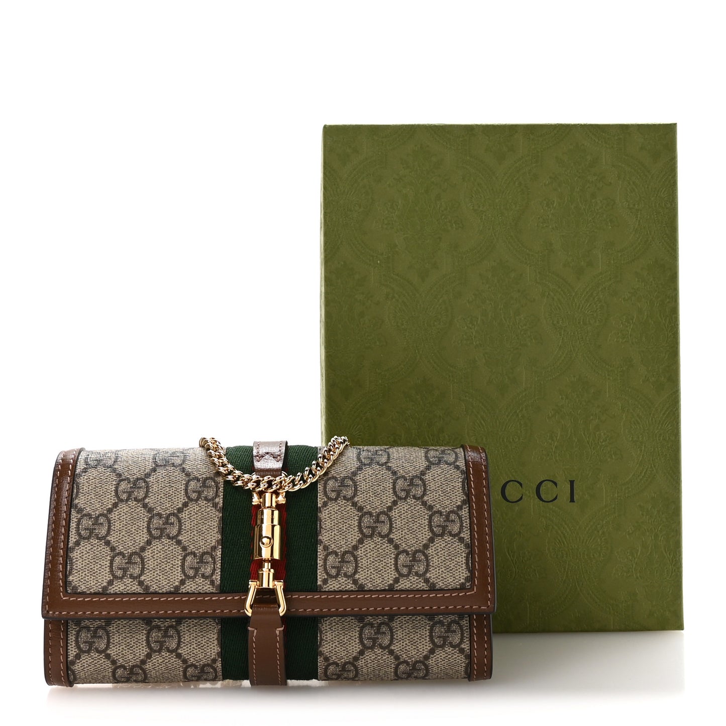 GG Supreme Monogram Azalea Calfskin Web Jackie 1961 Chain Wallet Beige Ebony Brown Sugar