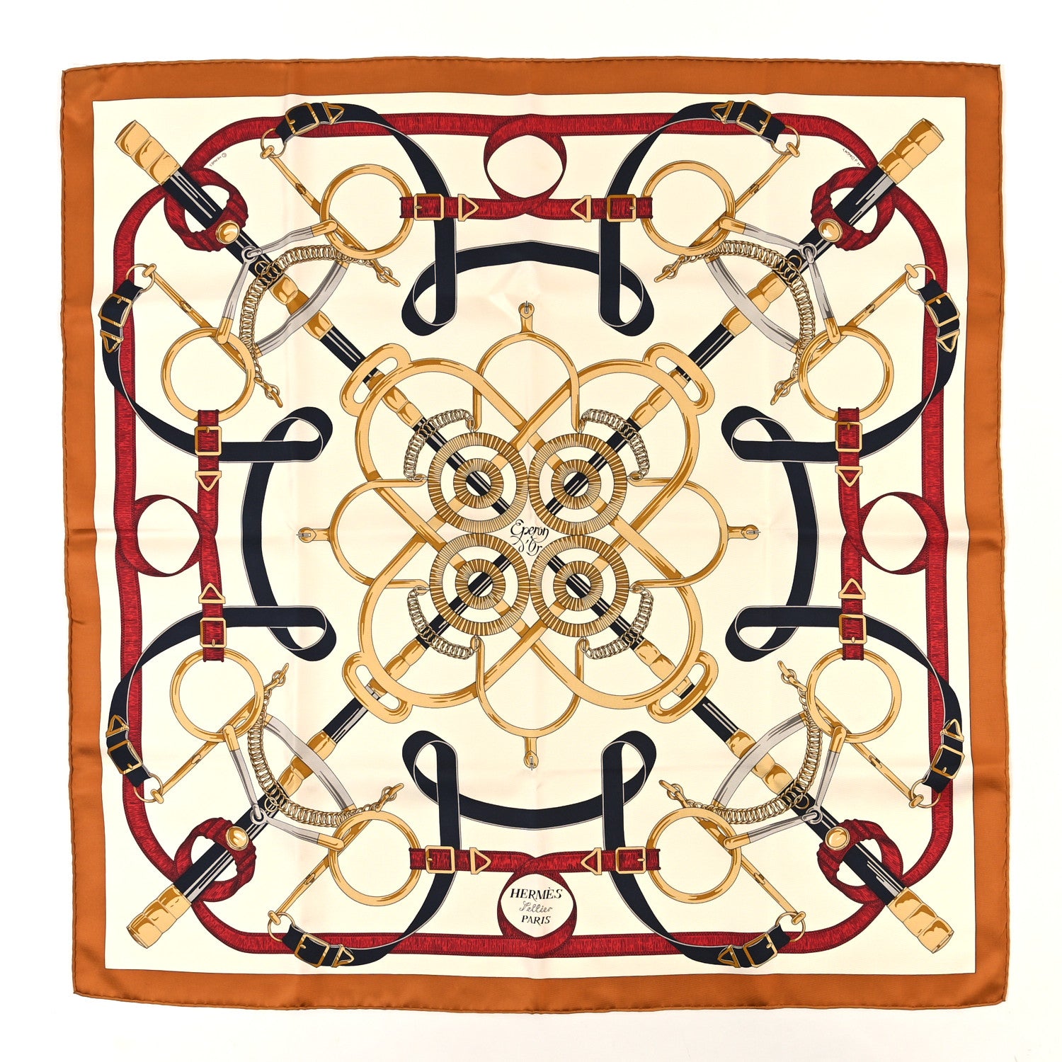 Hermes Silk Eperon D'Or Forever Scarf 90 Caramel Creme Or 1 of 3