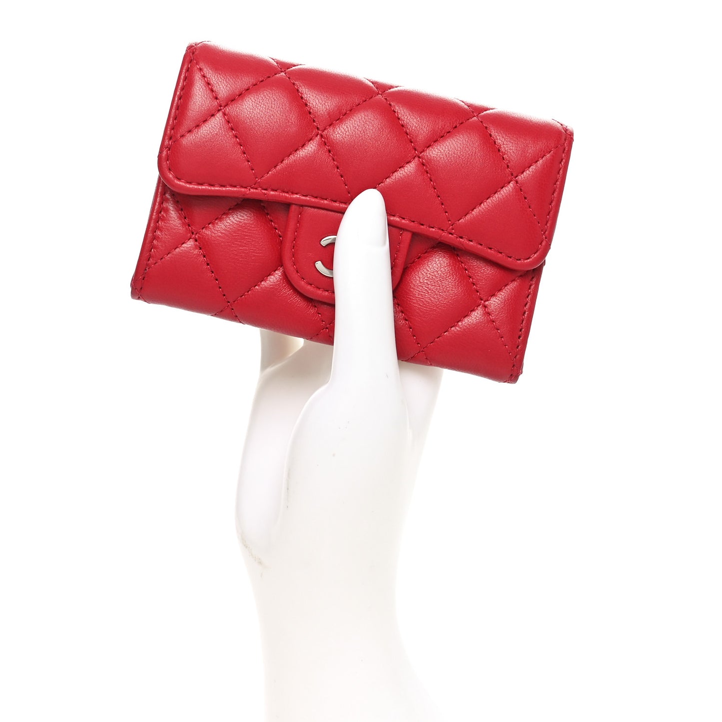 Lambskin Quilted Flap Card Holder Wallet Red