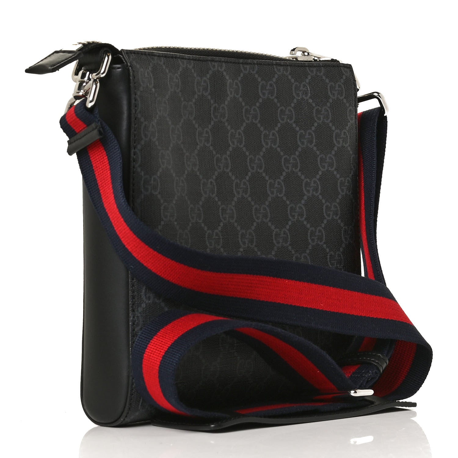 Gucci GG Supreme Monogram Web Small Flat Messenger Bag Black Grey 3 of 10