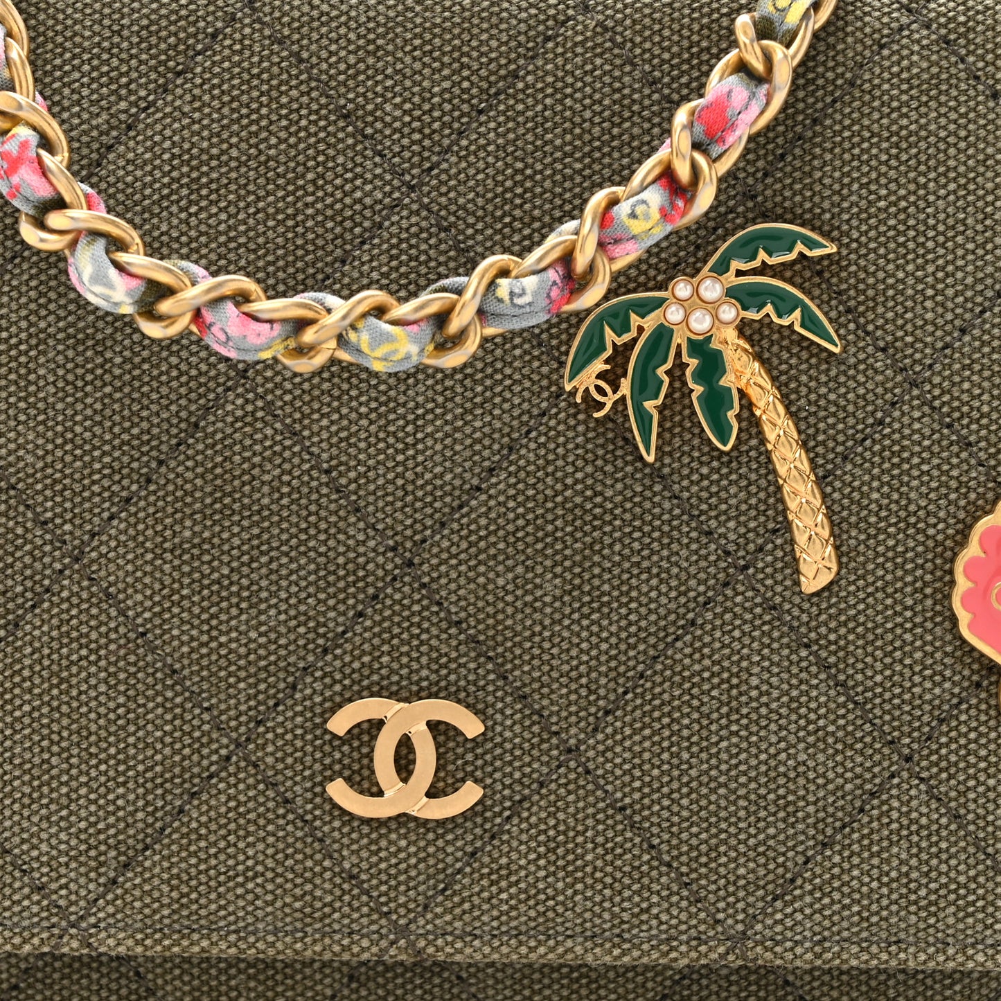 Canvas Quilted Coco Cuba Charms Wallet on Chain WOC Khaki