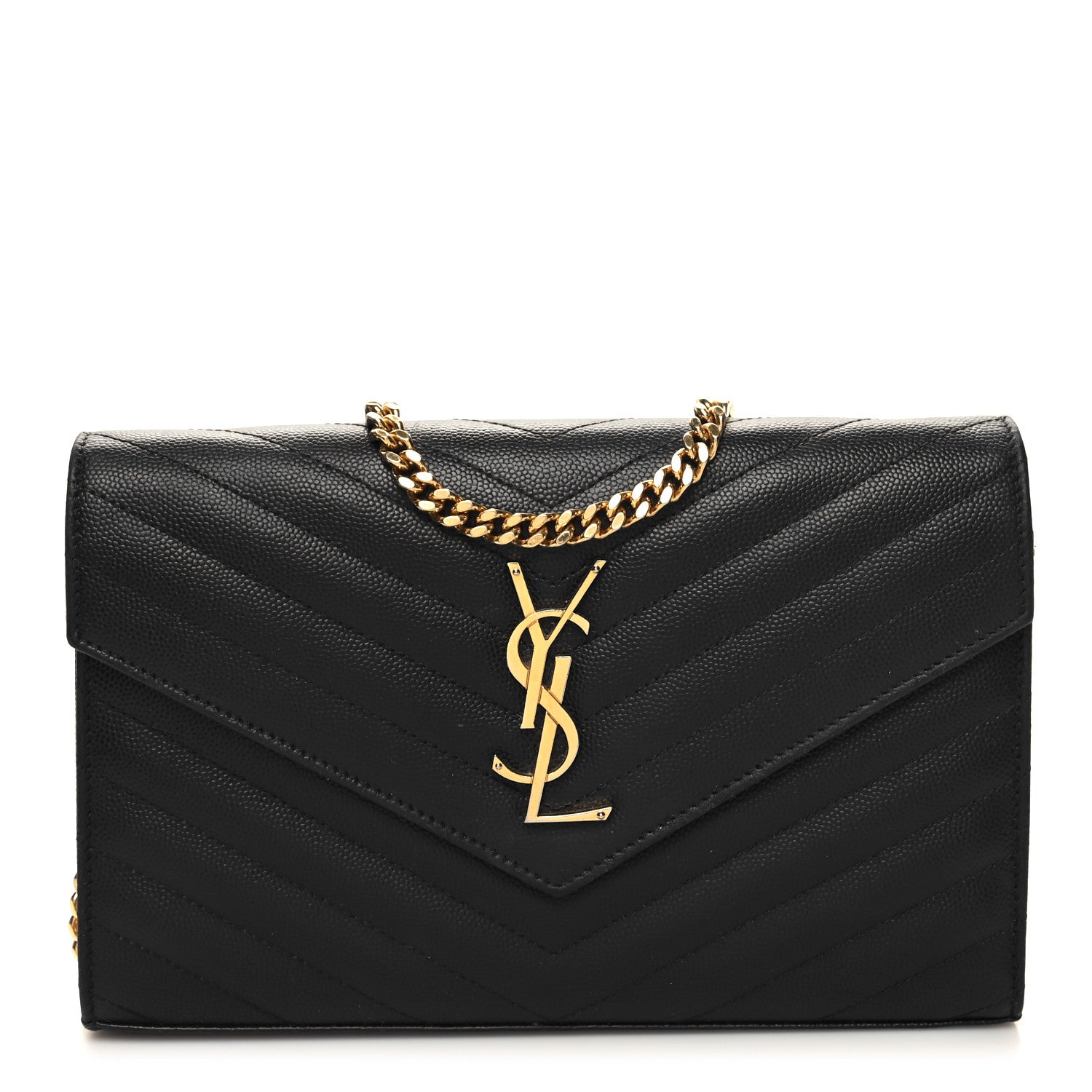 Saint Laurent Grain De Poudre Matelasse Chevron Monogram Chain Wallet Black 1 of 12