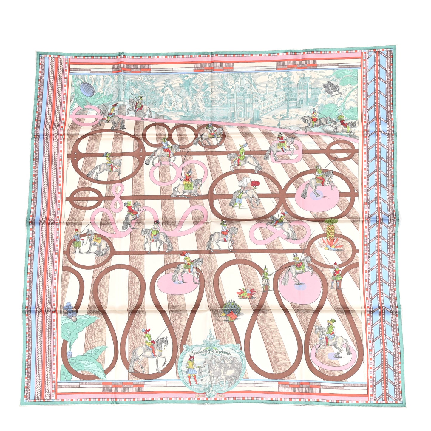 Silk Passades et Serpentines Double Face Scarf 90 Creme Vert Rose