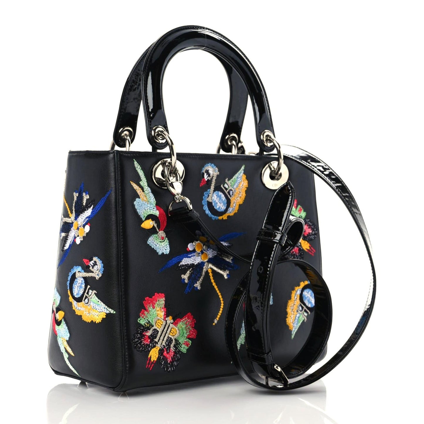 Smooth Calfskin Embroidered Beaded Birds Medium Lady Dior Black
