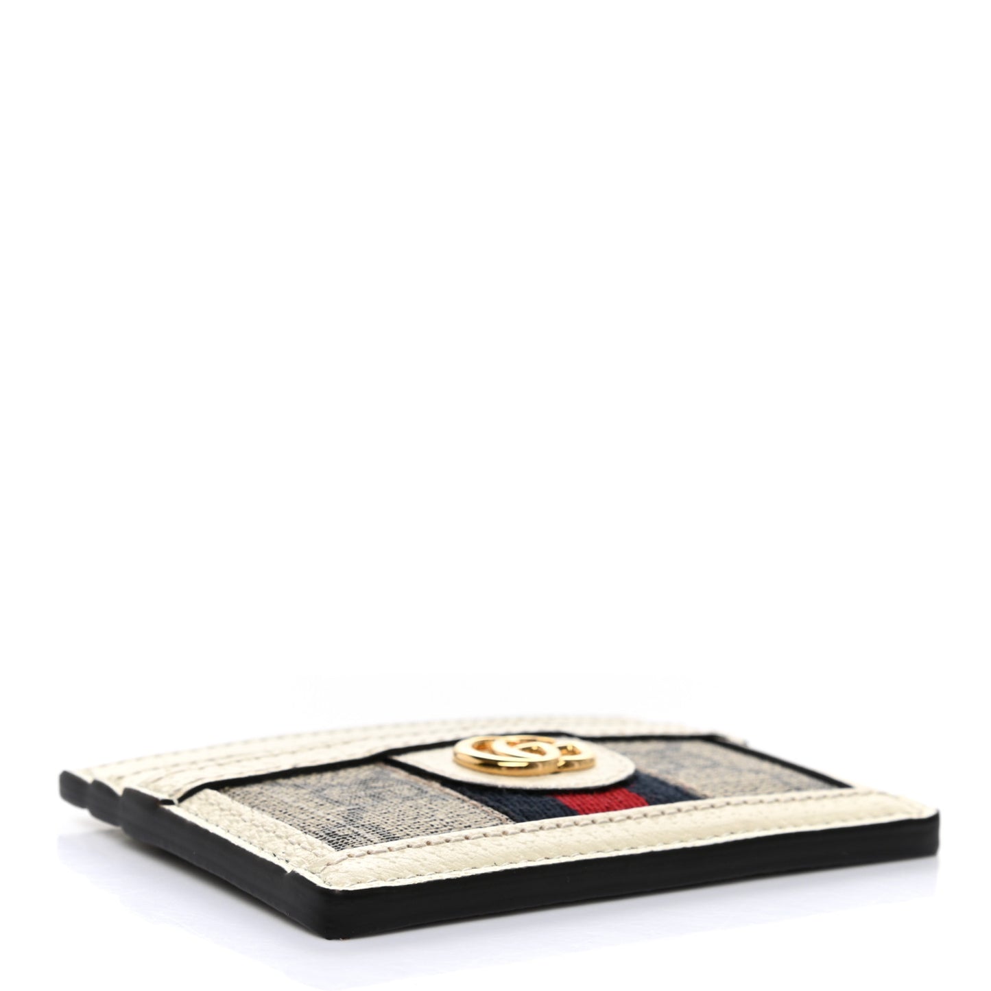 GG Supreme Monogram Textured Calfskin Web Ophidia Card Holder Beige Ebony Mystic White