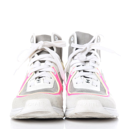Chanel Suede Calfskin Lambskin Neoprene High Top CC Sneakers 37 White Grey Fluo Pink 3 of 11