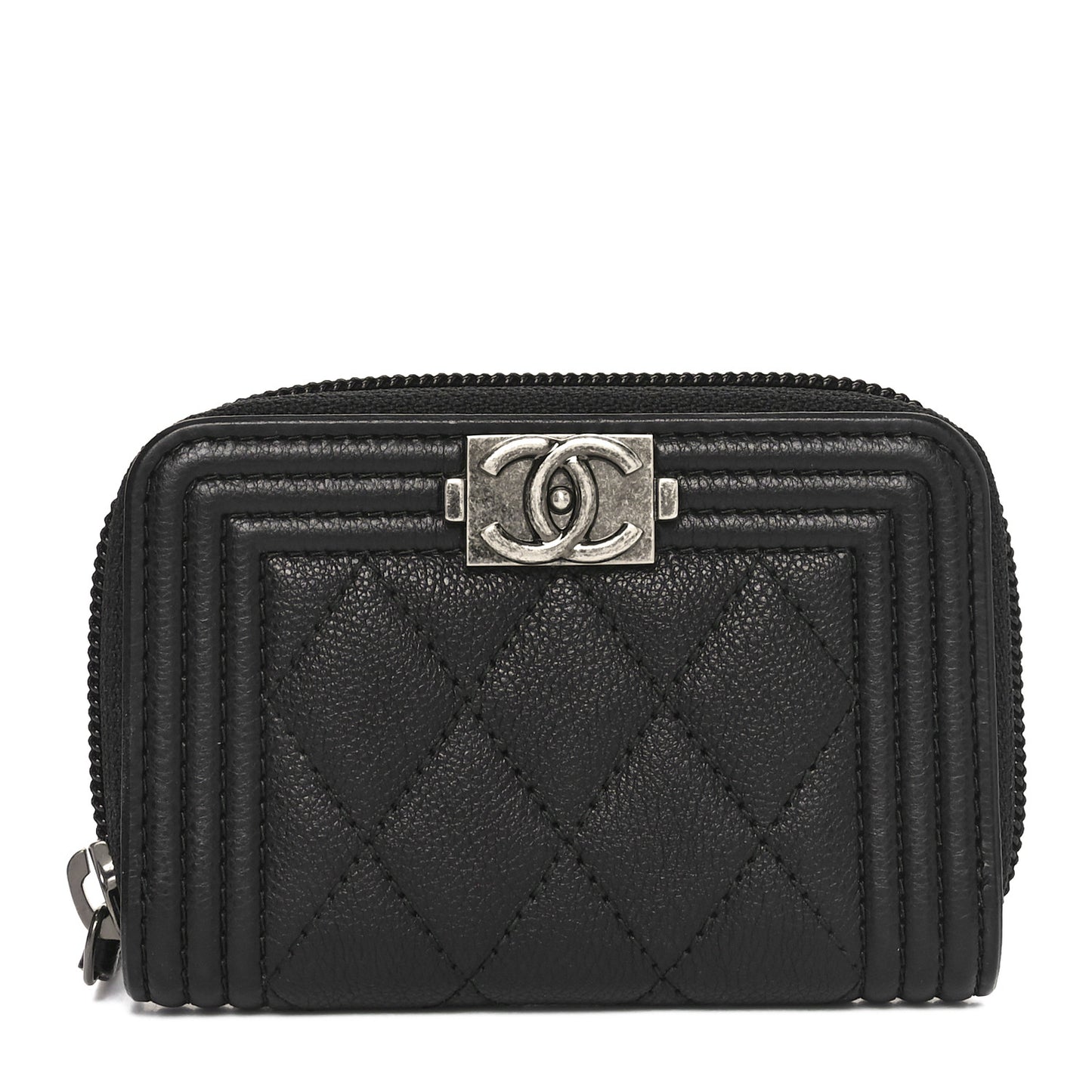 Grained Calfskin Quilted Boy Zip Around Coin Purse Wallet Black