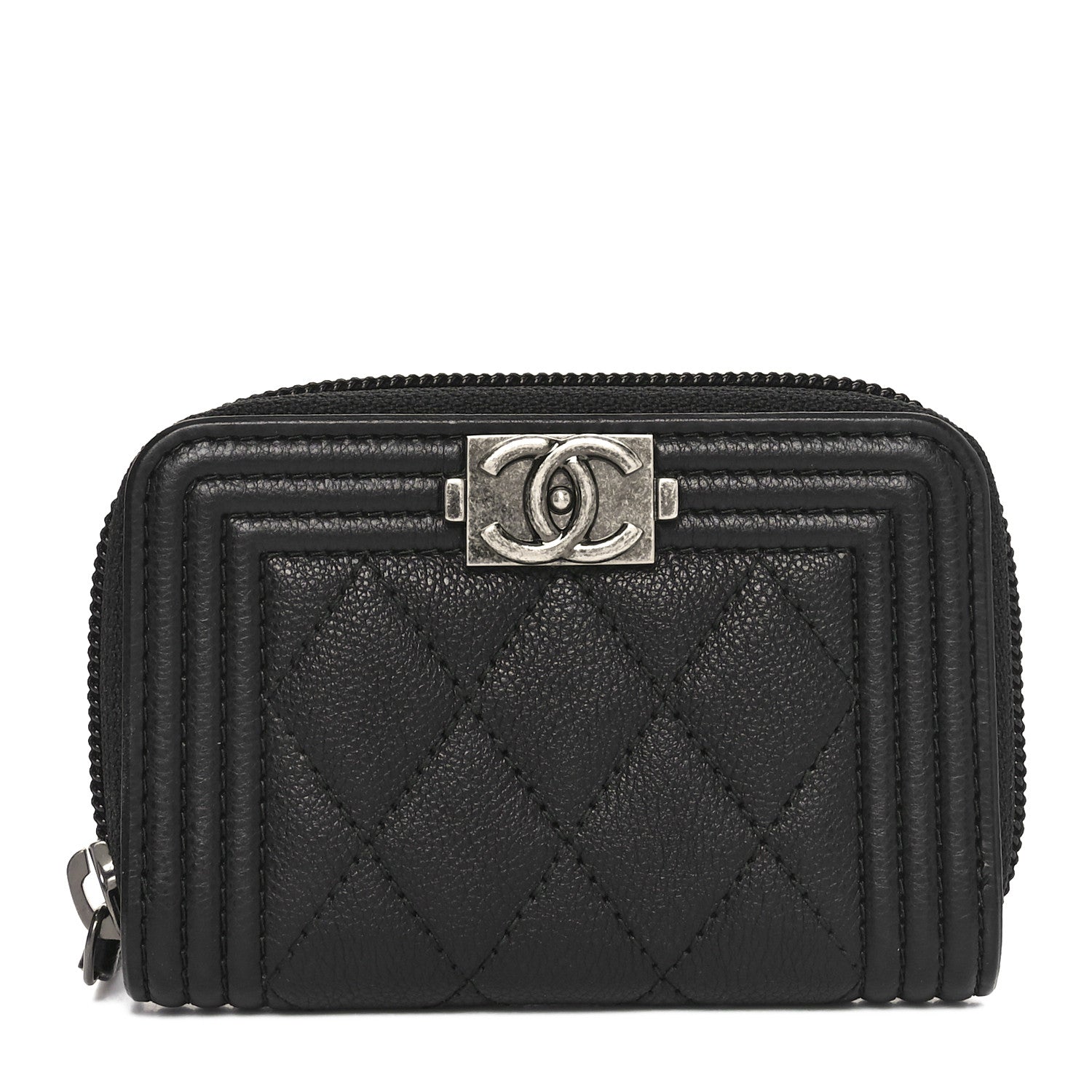 Chanel Grained Calfskin Quilted Boy Zip Around Coin Purse Wallet Black 1 of 8