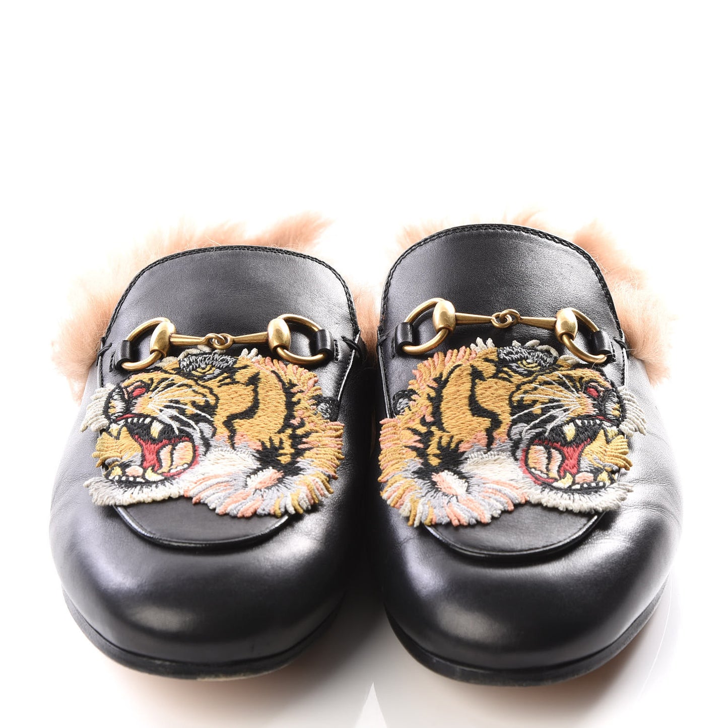 Calfskin Lambswool Tiger Embroidered Womens Princetown Slippers 37.5 Black