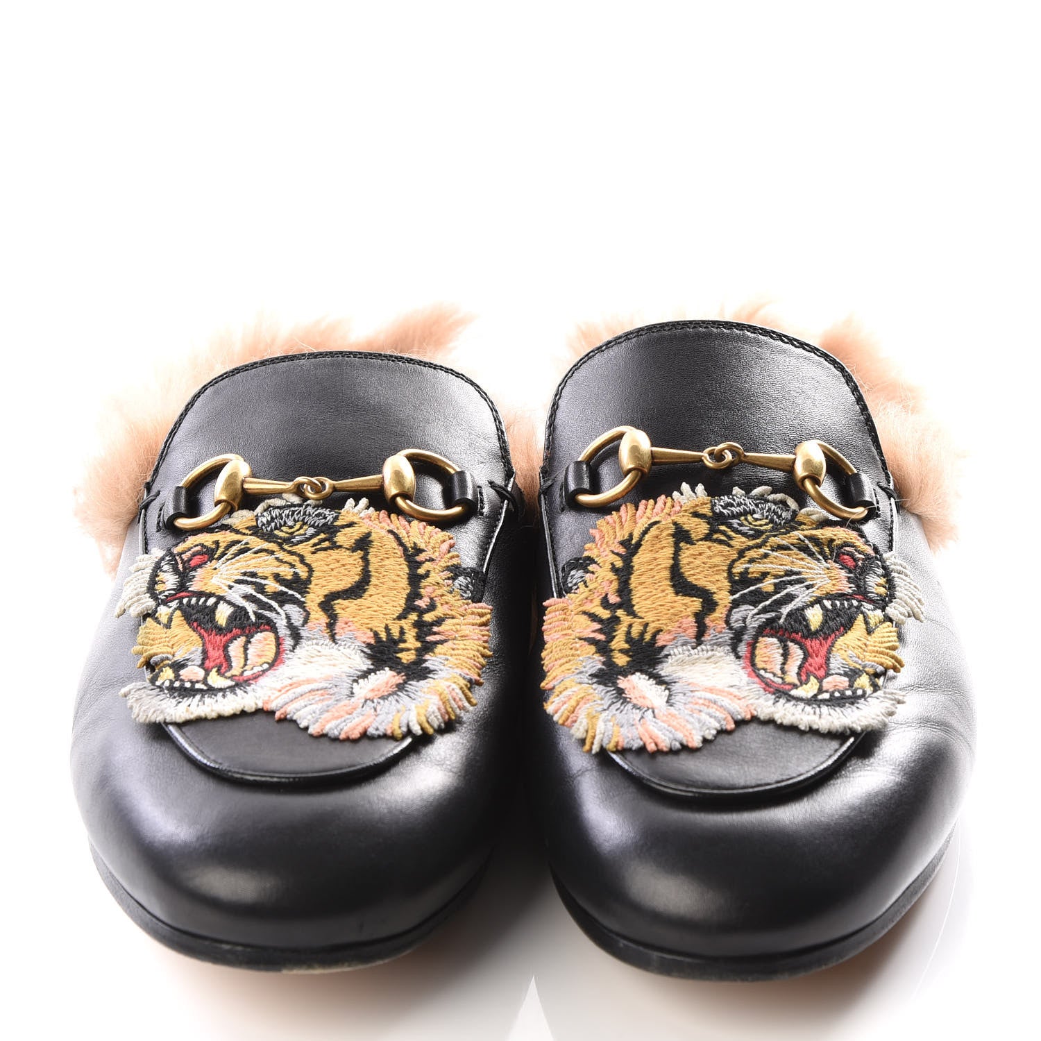 Gucci Calfskin Lambswool Tiger Embroidered Womens Princetown Slippers 37.5 Black 3 of 8