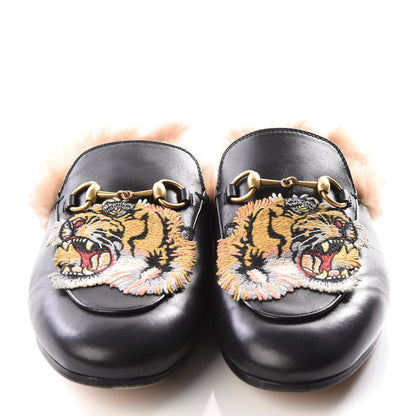 Gucci Calfskin Lambswool Tiger Embroidered Womens Princetown Slippers 37.5 Black 3 of 8