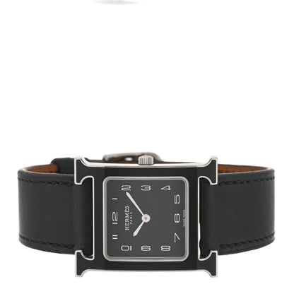 Hermes Stainless Steel Barenia Lacquer 26mm Heure H Hour Quartz Watch Noir 2 of 5