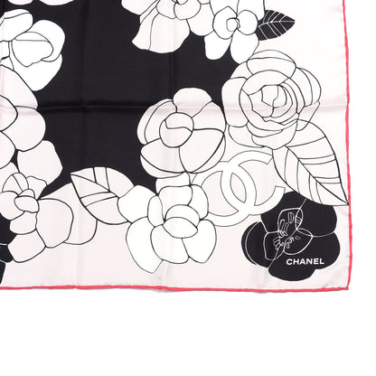 Chanel Silk CC Logo Camellia Scarf White Black Pink 2 of 3