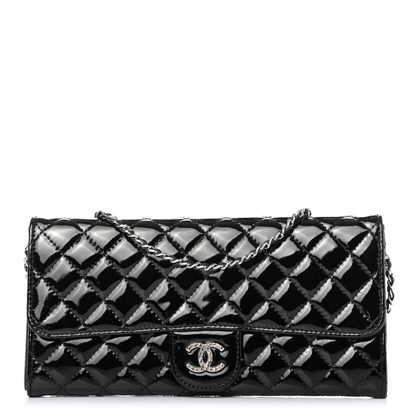 Patent Calfskin Quilted Brilliant East West Flap Clutch Black