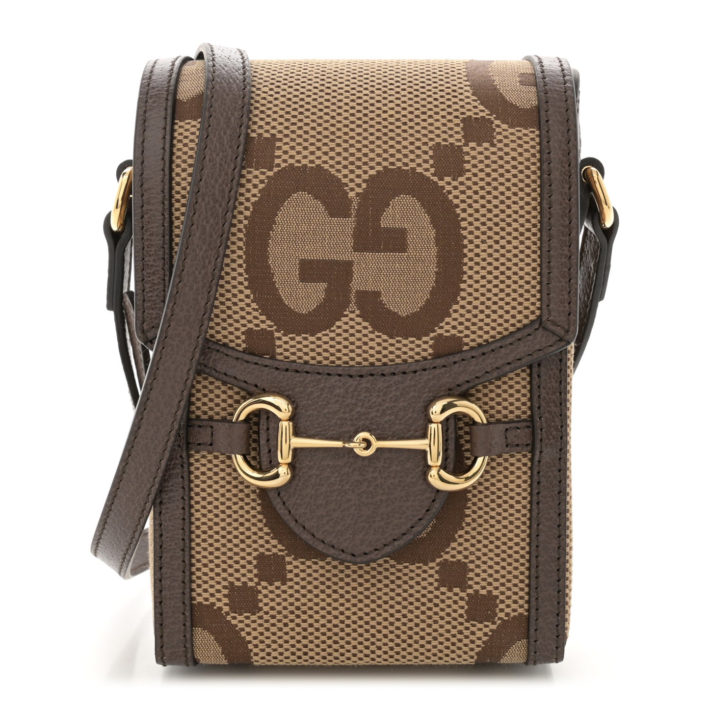 Monogram Jumbo GG Textured Dollar Calfskin Mini Horsebit 1955 Crossbody Bag Camel Ebony New Acero
