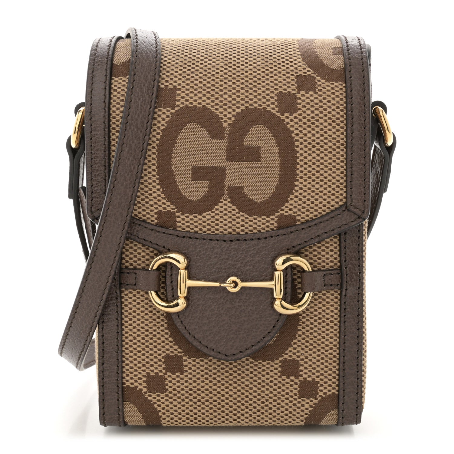 Gucci Monogram Jumbo GG Textured Dollar Calfskin Mini Horsebit 1955 Crossbody Bag Camel Ebony New Acero 1 of 11