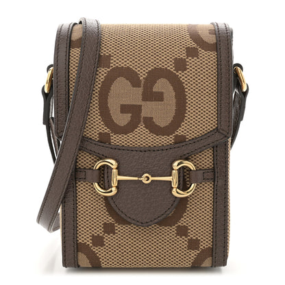 Gucci Monogram Jumbo GG Textured Dollar Calfskin Mini Horsebit 1955 Crossbody Bag Camel Ebony New Acero 1 of 11
